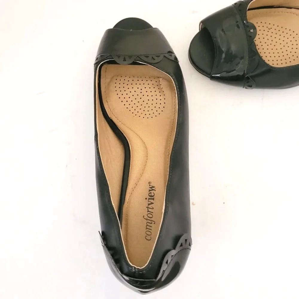 9.5 9 1/2 Comfortview Patent Leather Trim Peep Toe Heels‎ Pump 9.5M Black